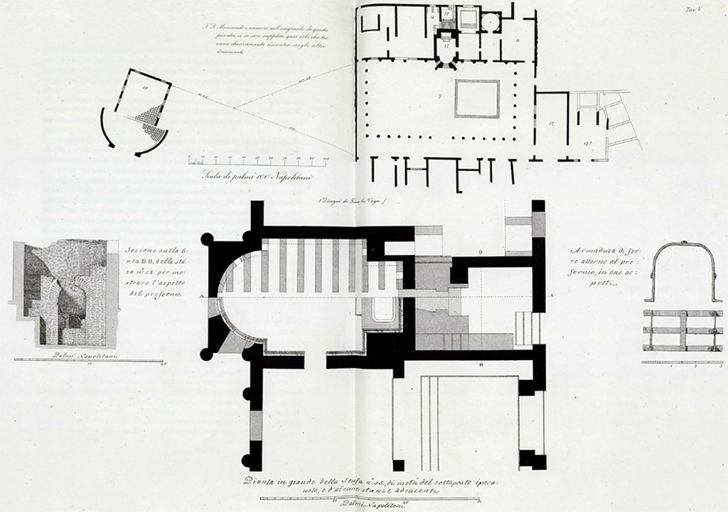 Stabiae, Secondo Complesso, Villa Arianna B. 1775-8 plan by Francesco La Vega published 1881 by Ruggiero. Stabiae, Secondo Complesso, Villa Arianna B. 1775-8 plan of part of the villa by Francesco La Vega published in 1881 by Ruggiero..
Restano tali fabbriche nel territorio di Castellamare, sito detto Varano, nel podere di D. Ignazio Girace, quale fu prima di D. Pietro Girace. Si era già scavata piccola porzione di questa fabbrica dalli primi Luglio 1762 agli ultimi Settembre dello stesso anno. Si è tornato a scavare nel sito contrasegnato alli 2 Maggio 1775.
Remains found in the territory of Castellamare, at the site known as Varano, on the estate of D. Ignazio Girace, which was previously owned by D. Pietro Girace. A small portion of these remains had already been excavated from early July 1762 to late September of the same year. It was excavated again at the site marked on 2 May 1775.
See Ruggiero M., 1881. Degli scavi di Stabia dal 1749 al 1782, Naples, p. 297, Tav. V.